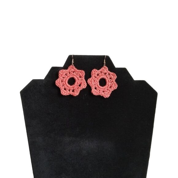 Handmade Pink Lightweight Flower Shaped Embroidery Floss Crochet Dangle Earrings - Picture 1 of 8